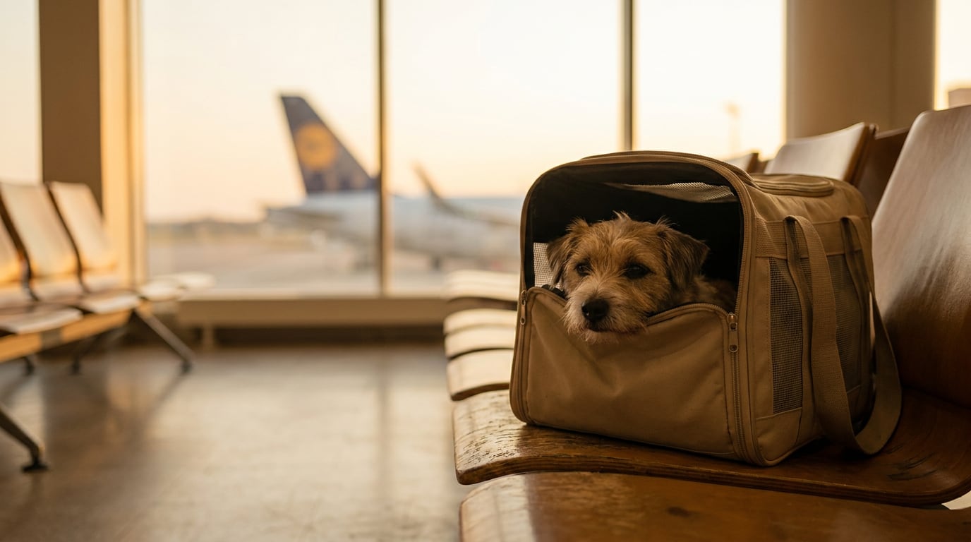 Perro pequeño y tranquilo sentado dentro de un transportín de tela beige sobre una banca de sala de espera, con un avión desenfocado detrás del ventanal.