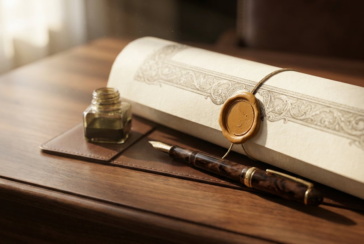 Documento en papel pergamino con borde grabado y sello de cera color ocre, sobre un escritorio de madera junto a una pluma fuente.