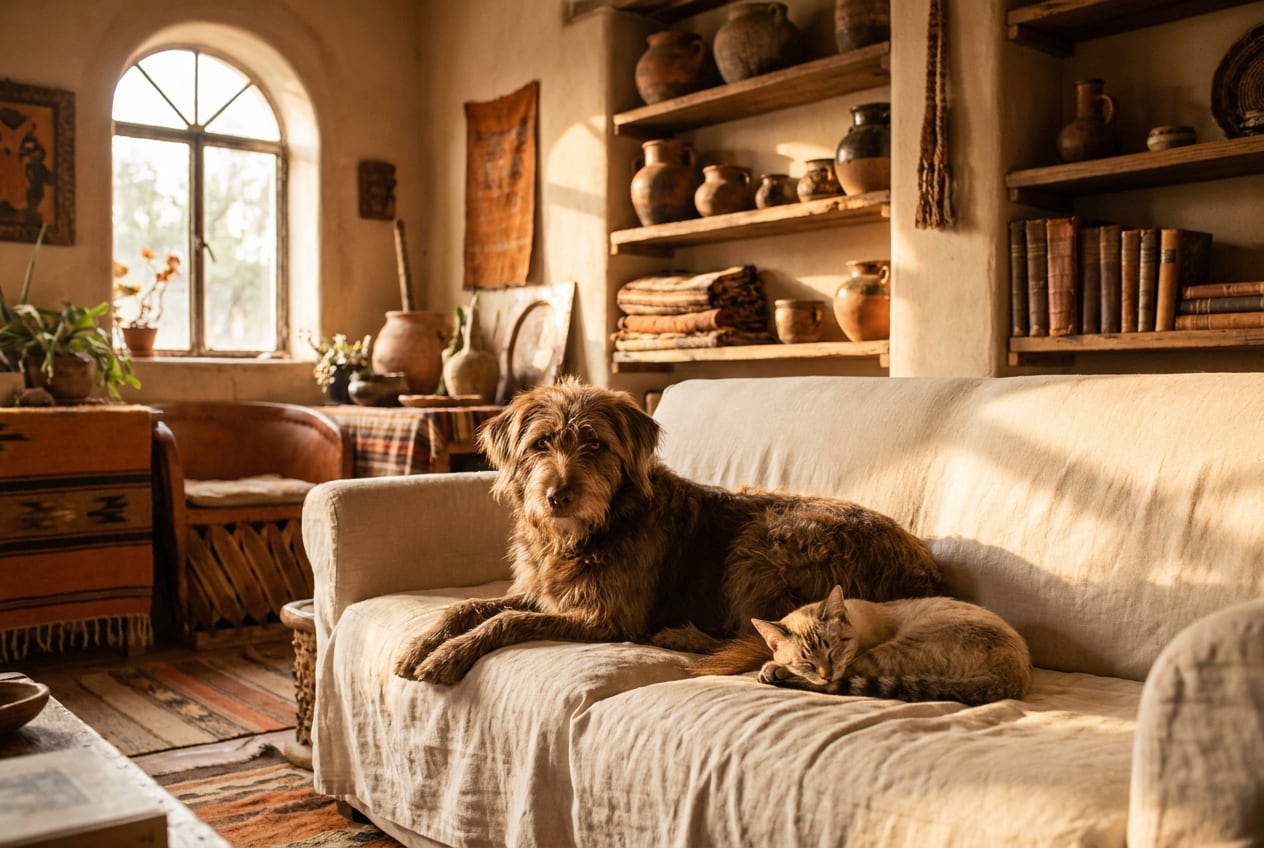 Perro café recostado en un sofá de lino crema con un gato atigrado dormido recargado en su costado, en una sala con luz de tarde.
