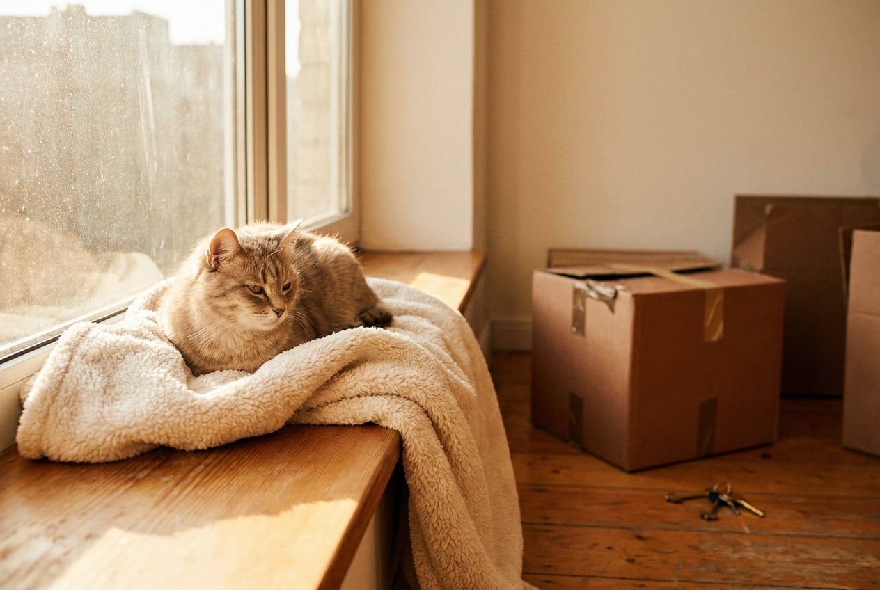 Gato atigrado beige sentado en el alféizar iluminado de un departamento recién rentado, con cajas de mudanza y unas llaves desenfocadas al fondo.